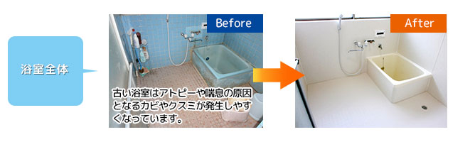 浴槽=特殊樹脂加工・コーティング、天井・壁=フィルムはり、床=専用シートはり
